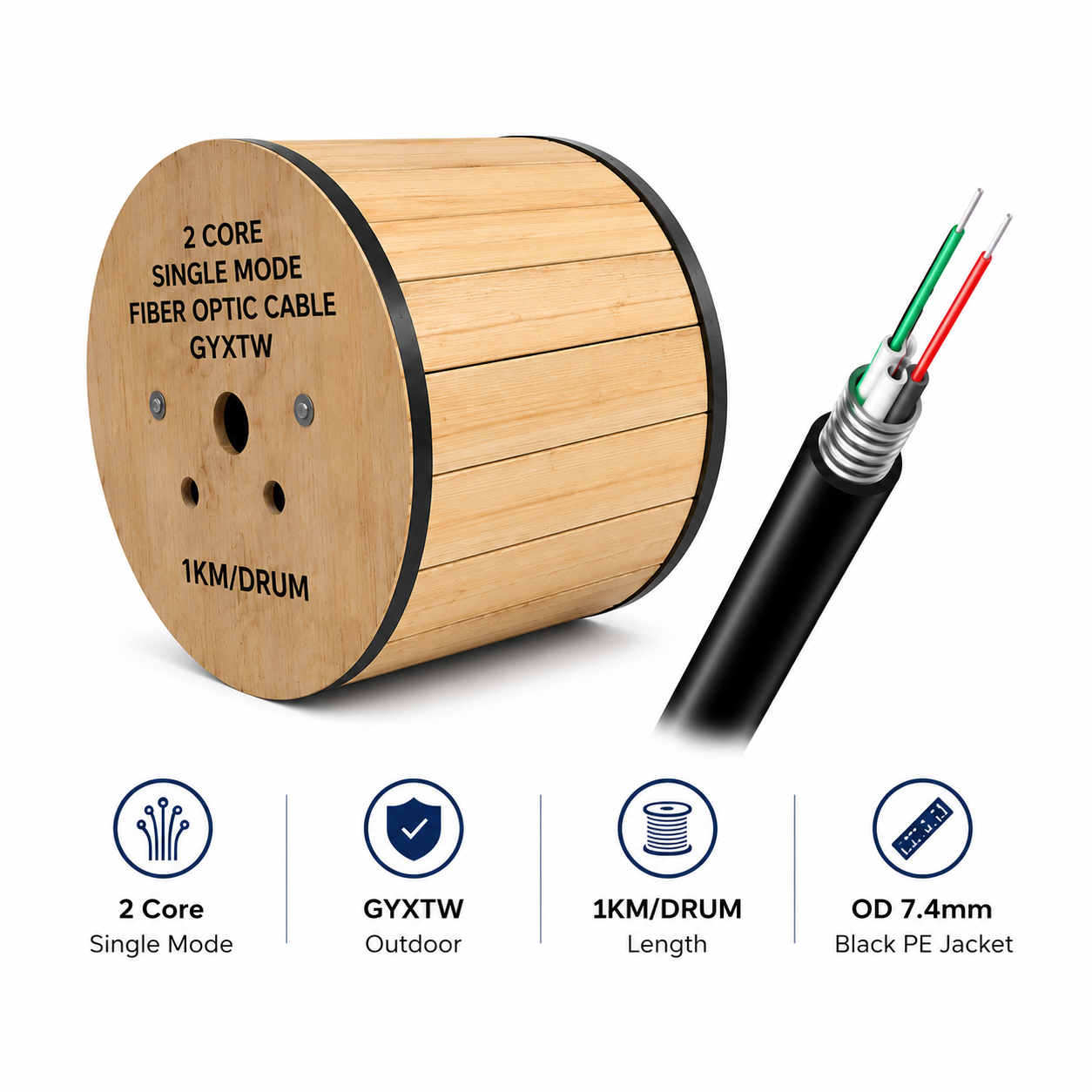 HZL 2 Core Outdoor Single Mode Fiber Optic Cable GYXTW G.652D 1KM/Drum