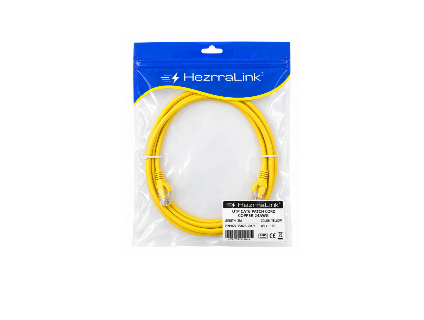 HZL T5826-2M-Y CAT6 UTP Patch Cord, 2M, Full Copper, 24AWG, Fluke Passed, Yellow