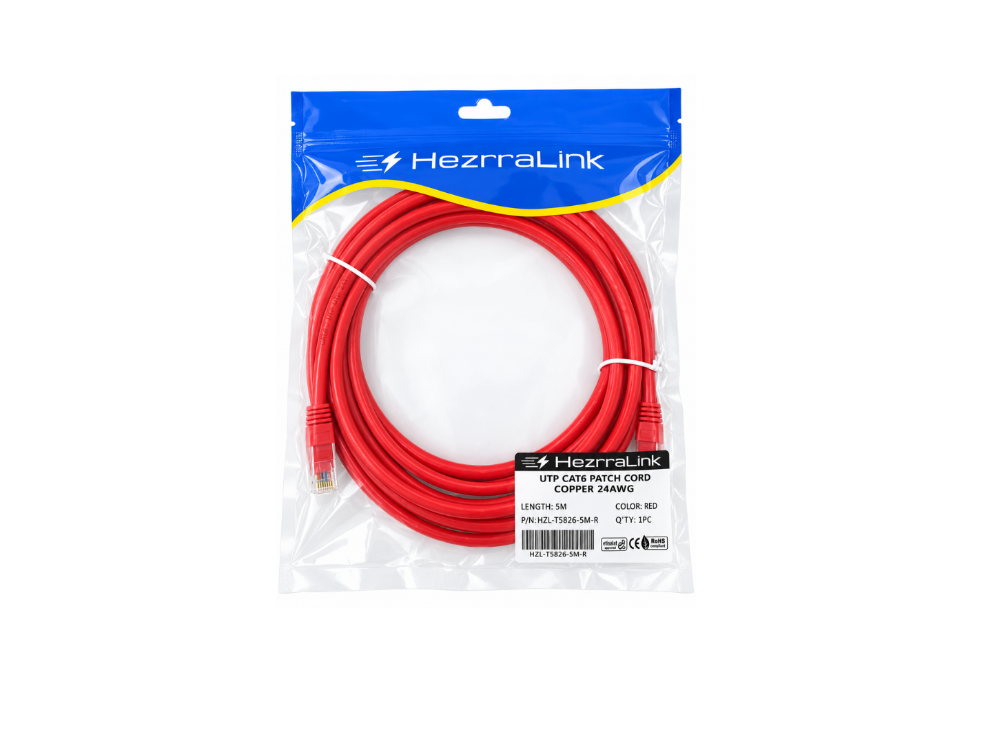 T5826 -  CAT6 UTP Patch Cord 5M Full copper ,Fluke passed 24AWG,RED color HZL